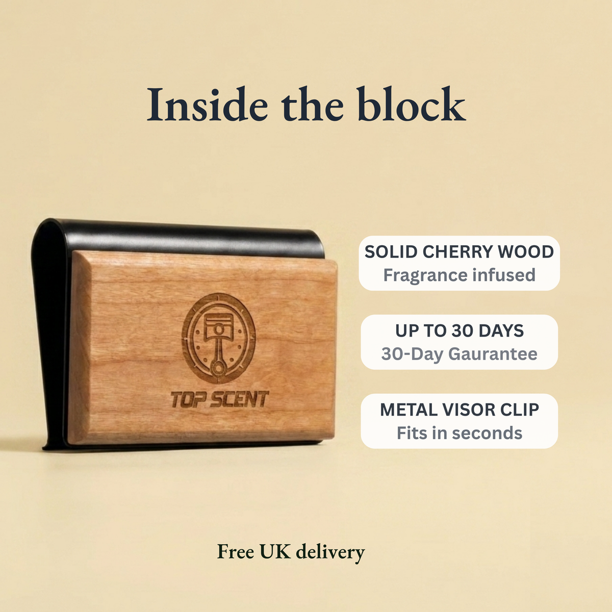 APEX solid cherry wood car air freshener with metal visor clip and up to 30 days of scent