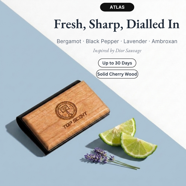 ATLAS cherry wood car air freshener with bergamot, black pepper, lavender and ambroxan notes