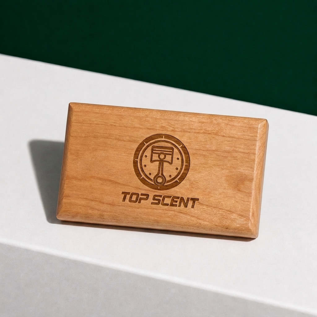 Cherry wood scent block lying at an angle on a white ledge