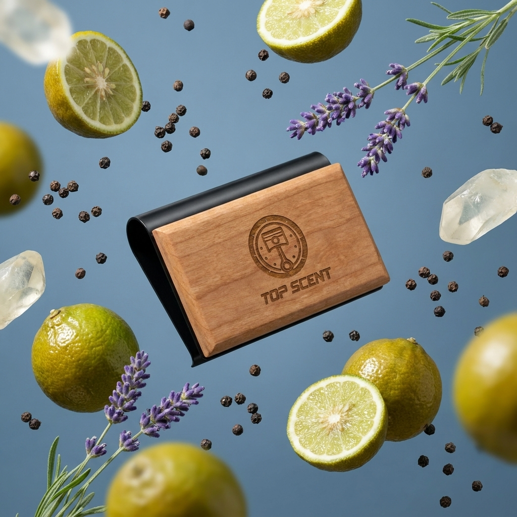ATLAS cherry wood scent block floating among bergamot, black pepper, lavender and ambroxan notes on a powder blue background