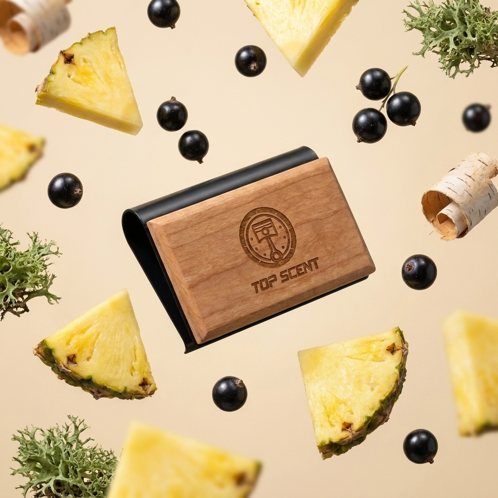 APEX cherry wood scent block floating among pineapple, blackcurrant, birch and oakmoss notes on a honey champagne background