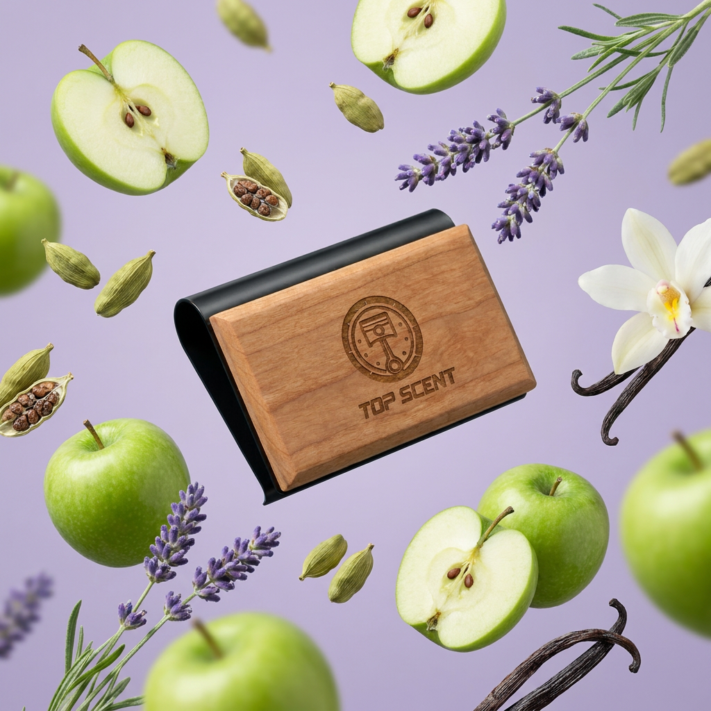 NOIR cherry wood scent block floating among green apple, lavender, cardamom and vanilla notes on a soft lilac background