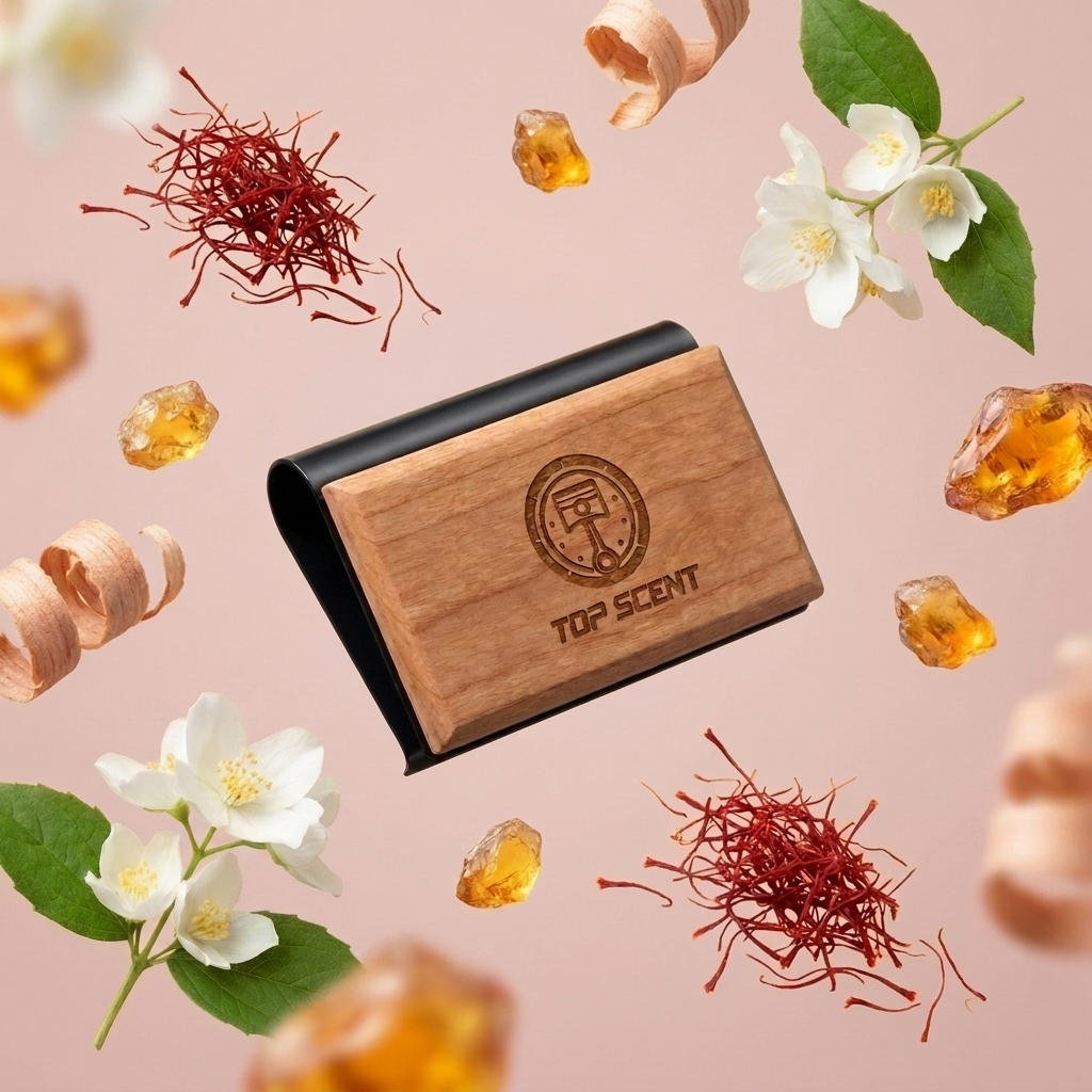 EMBER cherry wood scent block floating among saffron, jasmine, amber and cedarwood notes on a blush rose background