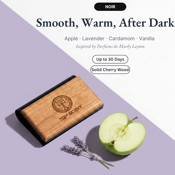 NOIR cherry wood car air freshener with apple, lavender, cardamom and vanilla notes